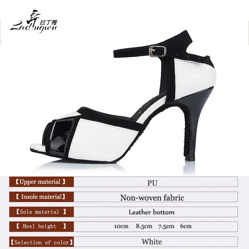 Ladingwu New Classic Black and White Collocation PU Latin Salsa Ballroom Party Dance Shoes Women\'s High Heels 6/7.5/8.5/10cm