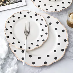 Golden Edge Plate Steak Tray, Soup Dish Dinnerware Set, Polka Dot Dinner Plate, Western Flat Flower Shape Breakfast Tableware