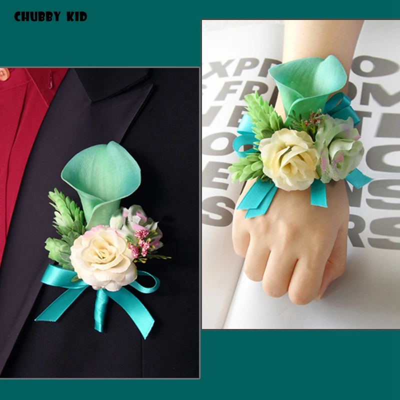 5pcs/lot ! Nice groom groomsmen corsages Calla Lily boutonnieres bridal wrist flowers Bridesmaid hand flowers Tiffany blue pink