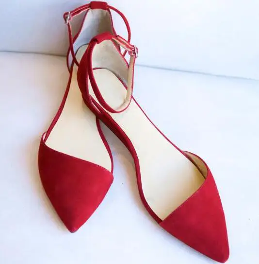 Fashion Red Suede Leather Women Pointy Toe Flats Elegant Style Ladies Ankle Buckles Strap High Quality Pink Flats Ballet Shoes