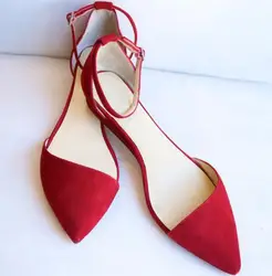 Moda donna in pelle scamosciata rossa punta a punta appartamenti stile elegante donna fibbie alla caviglia cinturino scarpe da balletto rosa di alta qualità