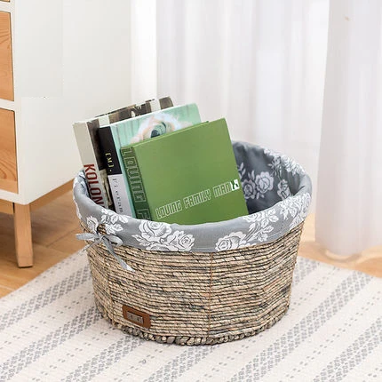 Rattan Storage Box Desktop Fabric Basket Straw Snack Basket Woven Storage Box Round Cat Litter Finishing Basket