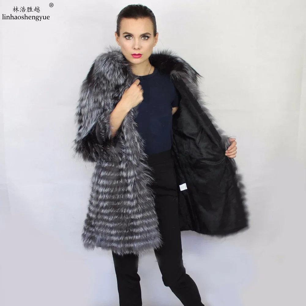 Linhaoshengyue-Silver Fox Fur Coat for Women, Lithium Plus, Long 90cm, Round Neck,Real Silver Fox Fur Coat ,Winter Warm