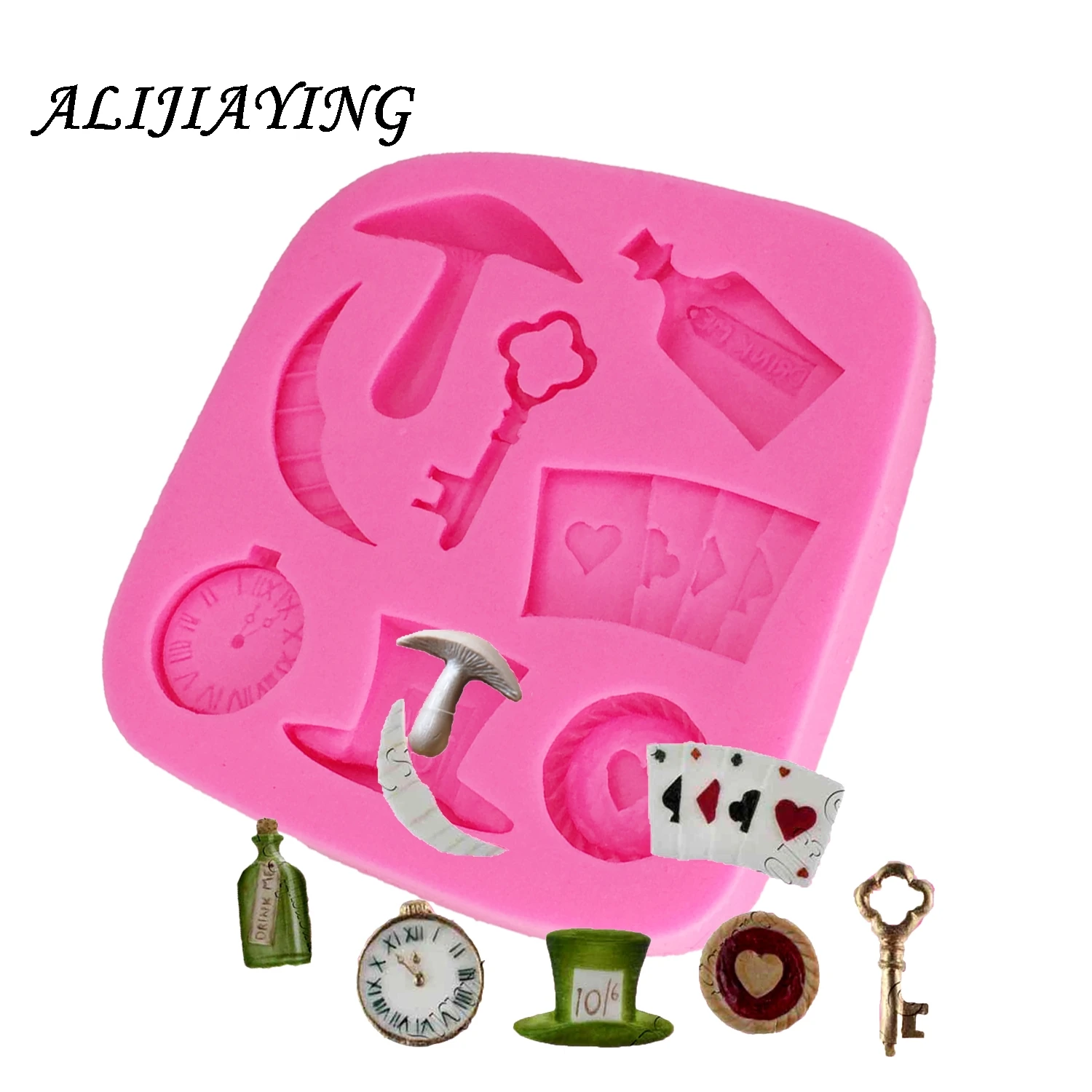 Alice Wonder 3D Poker Key clock mushroom and hat Fondant Cake Decorating Tools Cake Molds silicone molds for plaster D1315