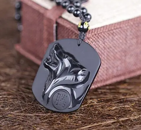 Drop Shipping Black Obsidian Carving Wolf Head Obdidian Amulet pendant free necklace obsidian Blessing Lucky pendant Men Jewelry