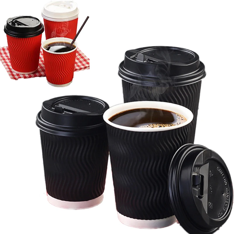 

50pcs/set Disposable Heat-resistan Coffee Cups Thicken Hot Drink Packing Paper Cup With Cover Drinking Takeout Cafe Drinkware