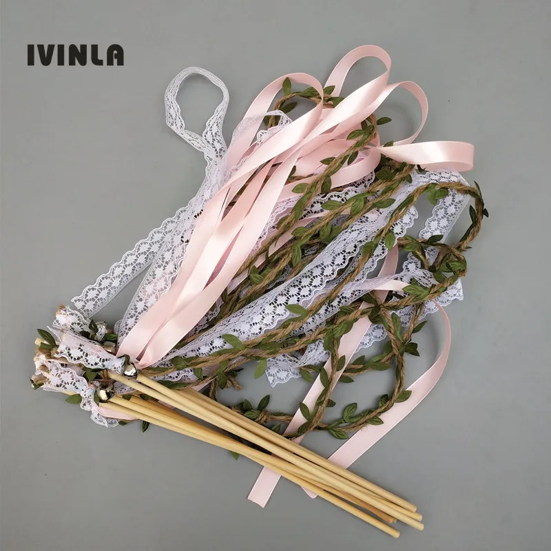 

Hot Selling 40pcs/lot Jute wedding ribbon stick Fairy wands with sliver bell for wedding decoration