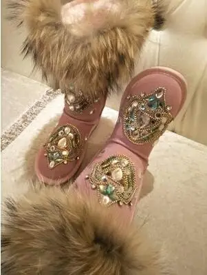 

Hot Winter Woman Warm Fox Hair Snow Boots Female Slip-on Flat Shoes Woman Casual Mid-calf Boots Girls Bling Crystal Boots