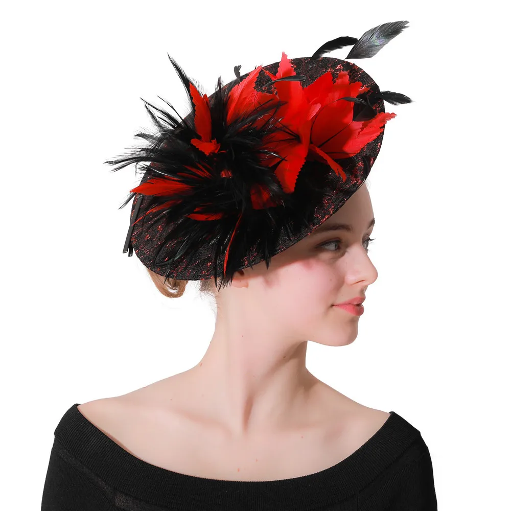 Black Kentucky Derby Fascinator Hat For Women Red Feather Flower Sinamay Hats Wedding Party Cocktail Headwear Female Headbands