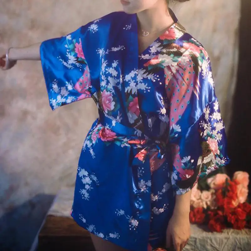 Wholesale Flower&Peacock Kimono Bathrobe Women Satin Soft Sleepwear Sexy Mini Bride Bridesmaid Wedding Robe Dressing Party Gown