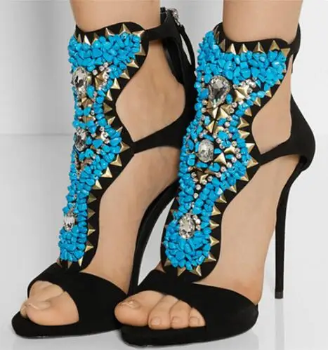 Sandalias de Punta abierta con piedras azules para mujer, zapatos de vestir con tacón alto y cremallera en la espalda, de cuero de ante negro, a la