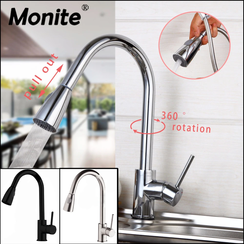 

Monite Nickel Brush Black Paint Chrome Finish Solid Brass Spring Kitchen Faucet Two Spouts Swivel Deck Mount Mixer Faucet Tap