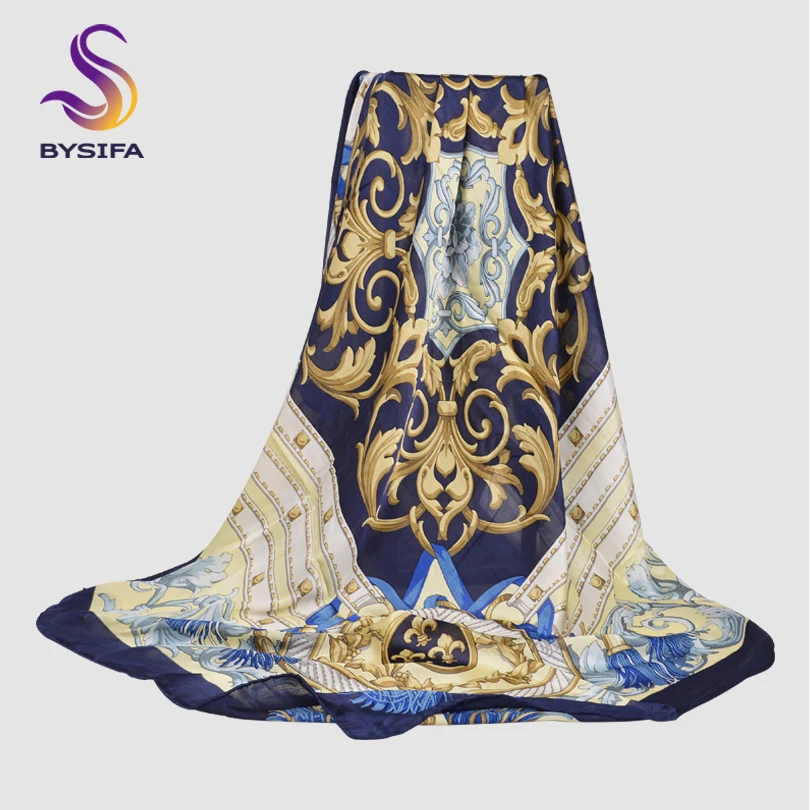 [BYSIFA] Women Autumn Winter Square Scarves Headscarves Brand Tope Grade Blue And Khaki Muslim Ladies Silk Head Shawl Scarf Cape