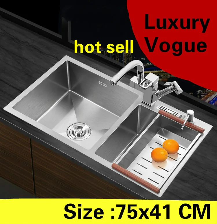 

Free shipping Apartment multifunction wash vegetables kitchen manual sink double groove 304 stainless steel hot sell 750x410 MM