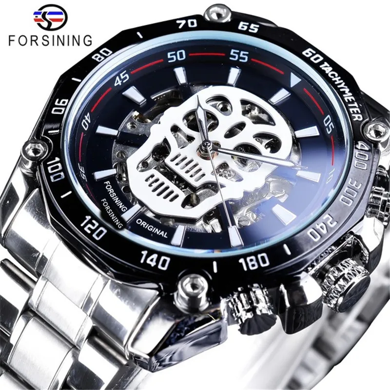 2018 Fashion Winner Brand Mechanical Watch Men Skull Design Clock Luxury Gold Stainless Steel Strap Man Skeleton Men Auto Wrist