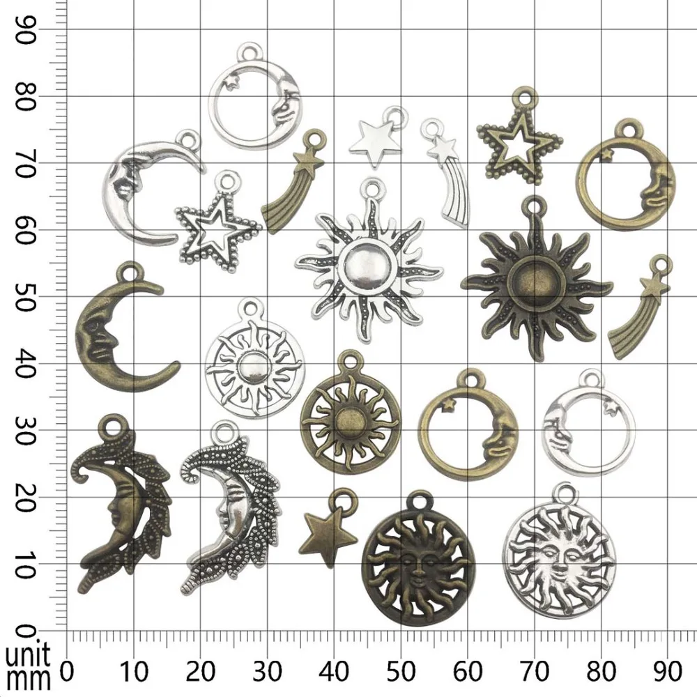 20pcs/lot Vintage Metal Star Moon Sun Meteor Charms Diy Handmade Fashion Retro Pentagram Pendant Charms for Jewelry Making