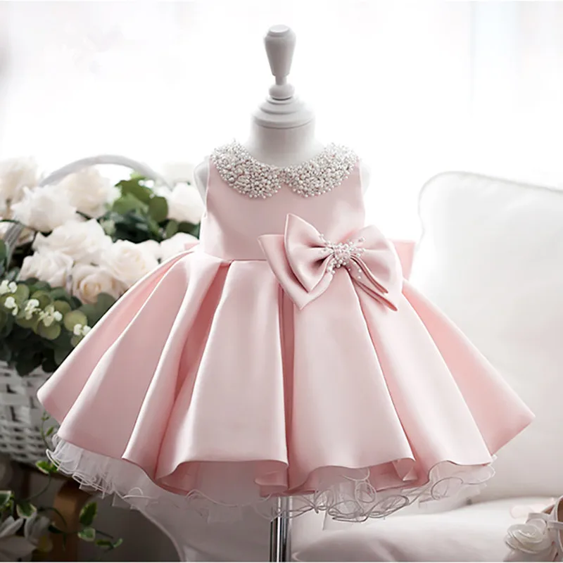 Cute Baby Girl Dress 1 year Birthday Pink Tulle Princess Dress Beads Bow Baptism Gown Newborn Wedding Party Christening Vestidos