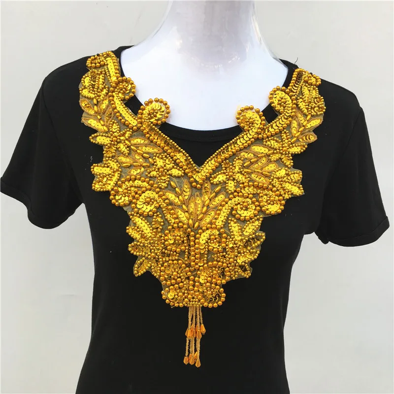 1pc Gold/Silver Beads Sequins Flower Lace Neckline Collar Sewing-On Embroidery Appliques For Dance Costumes Cloth Accessories