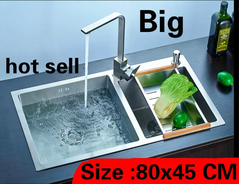 

Free shipping Apartment luxury big kitchen manual sink double groove do the dishes 304 stainless steel vogue hot sell 800x450 MM