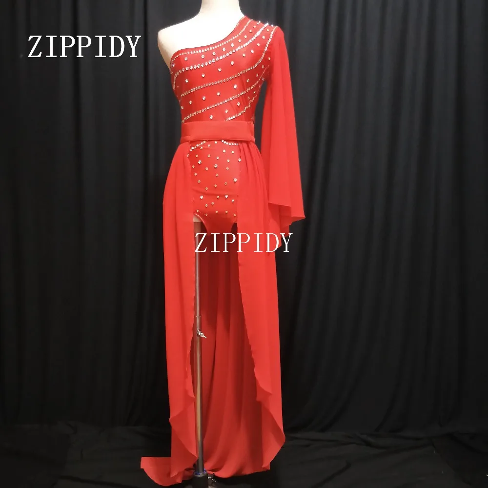 

Single Shoulder Design Party 2 Pieces Costume Set Fashion Rhinestones Red Female Singer Nightclub Dance Leotard Long Skirt