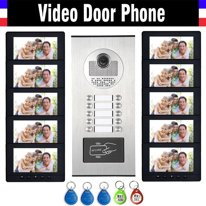 10 Units Apartment Intercom System Video Intercom Doorbell Kit, 7 inches Monitor with RFID keyfobs unlock for 10 Household