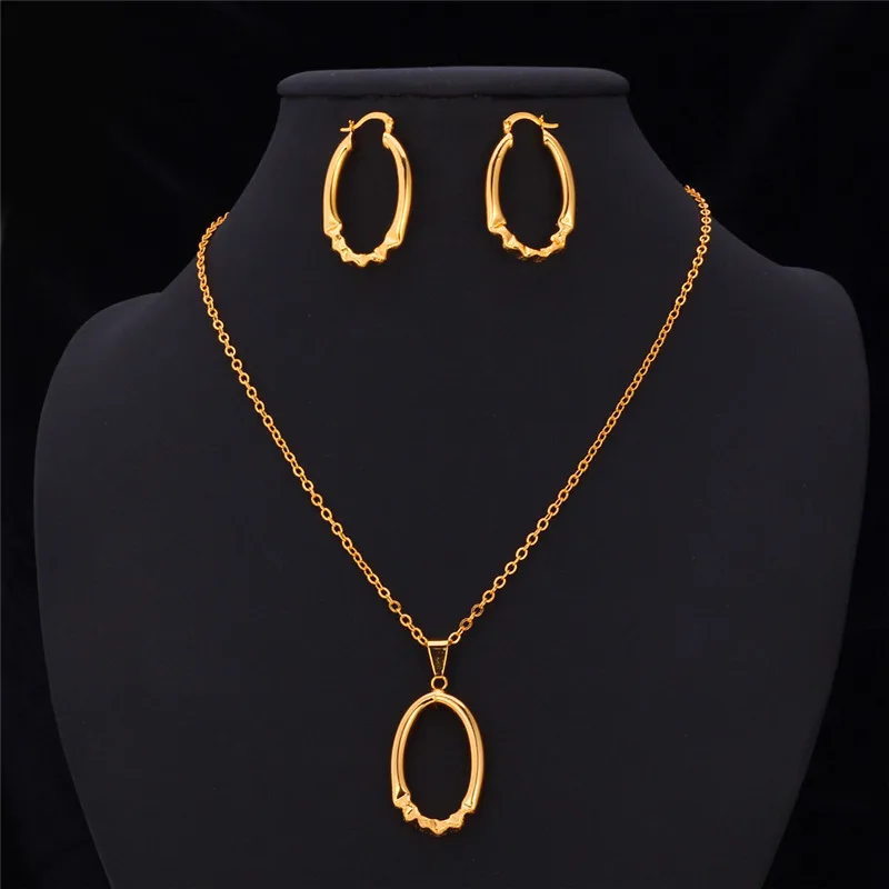 U7 collar con colgante ovalado hueco, pendientes de aro, conjunto de joyería para mujer, collar conciso, conjunto de joyería de Color