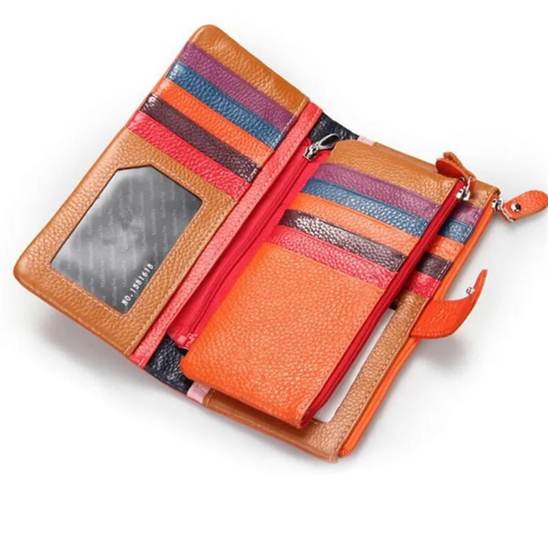 Cartera de piel auténtica para mujer, monedero largo colorido, elegante, a la moda, con tarjetero