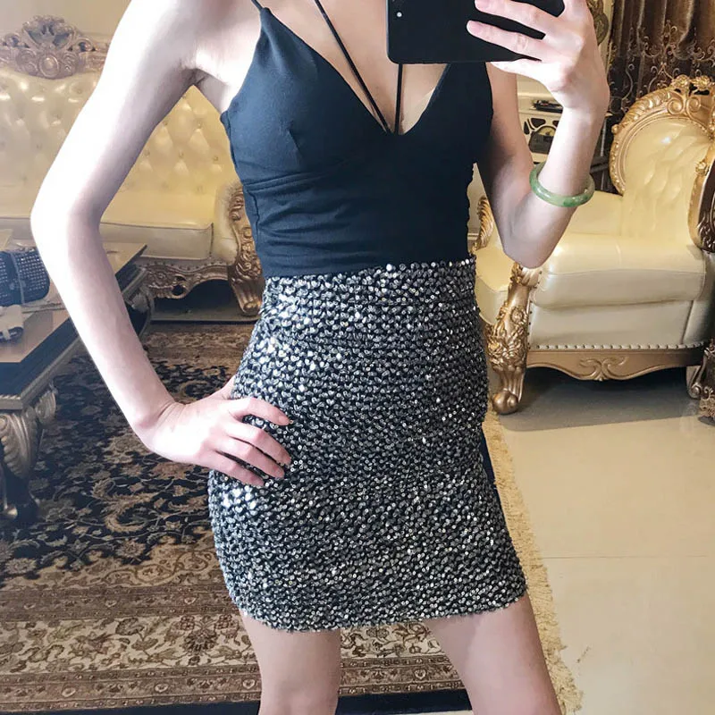 Spódnice damskie srebrna cekinowa spódnica Mini Bodycon spódnica ołówkowa krótka spódnica wiązana na biuro Lady Party Girl Saia