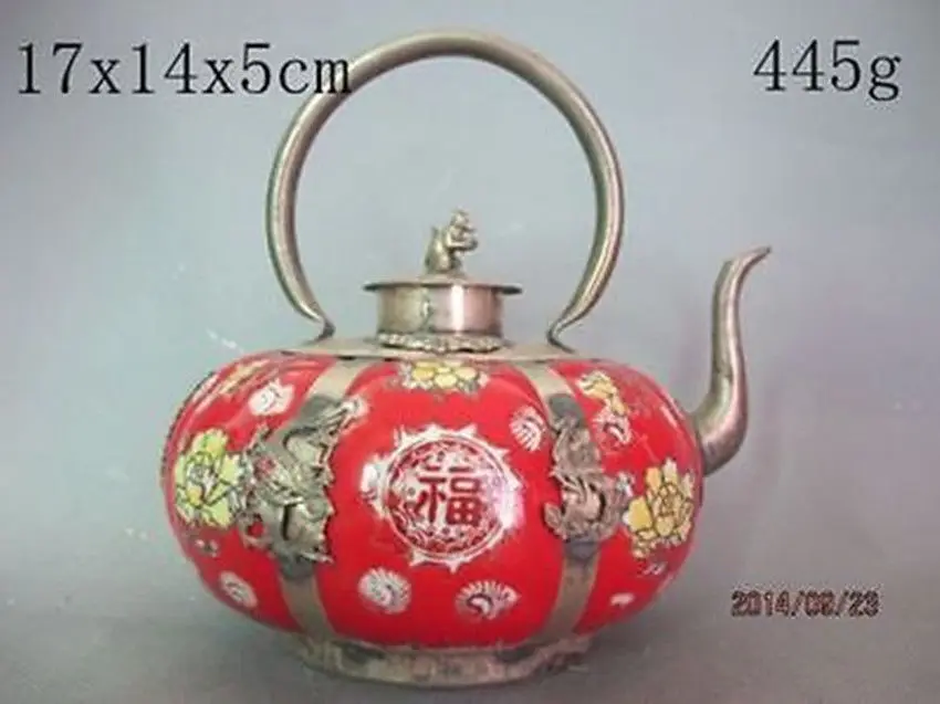 

China Collectible handwork Red porcelain teapot Silver Monkey lid Garden Decoration 100% real Tibetan Silver Brassroom Art