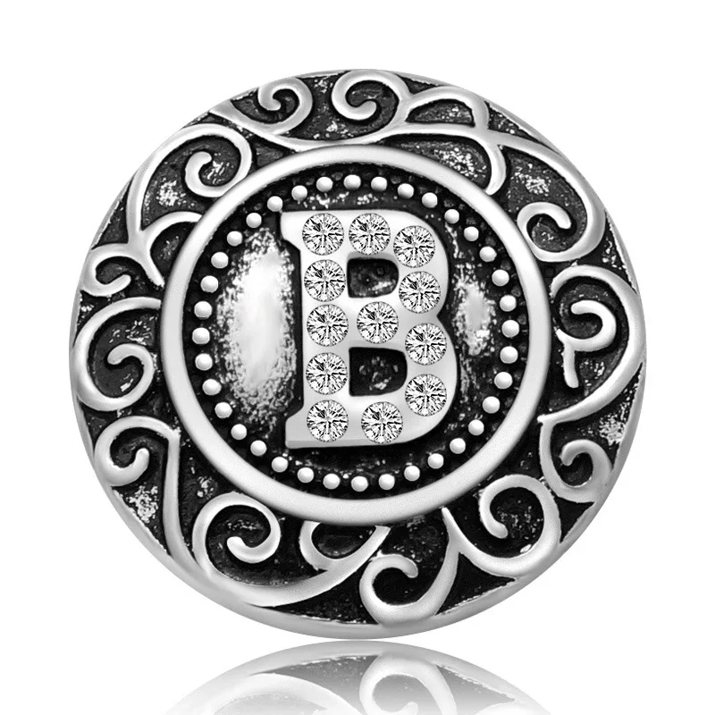 New KZ3092 Beauty Charm Round pattern crystal 26pcs A-M Alphabet Letters Metal 18MM snap buttons for DIY snap jewelry