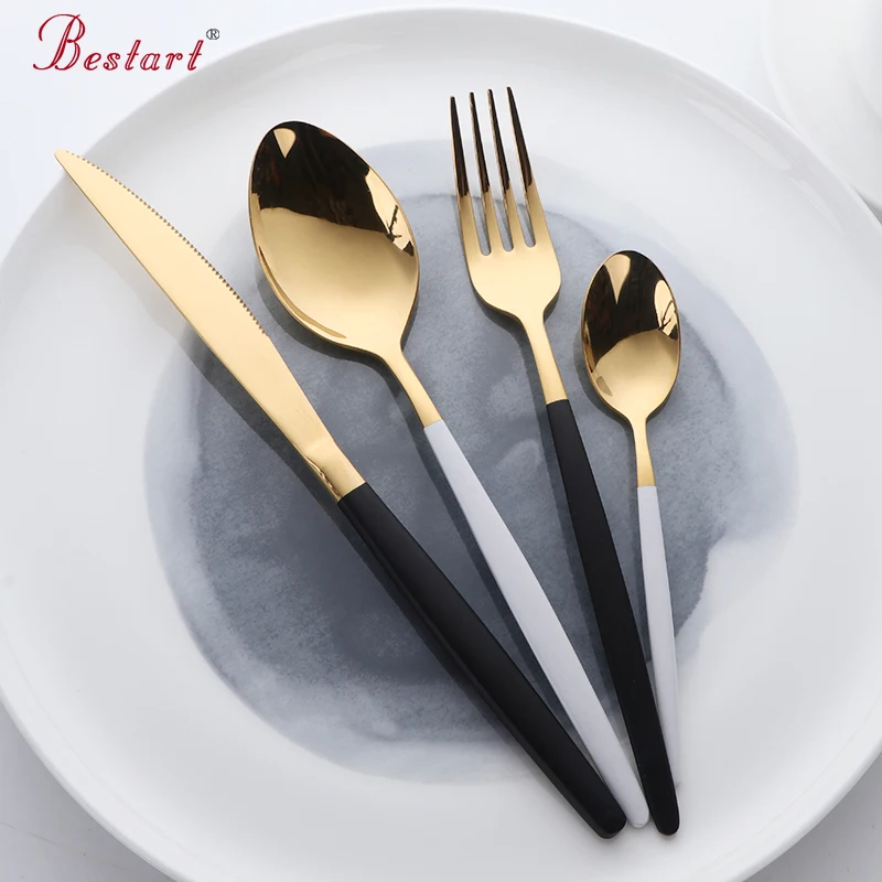 

1lot/24 pcs luxury black plated dinnerware sets good polish steel dinner knives forks tablespoons cutlery set family tableware