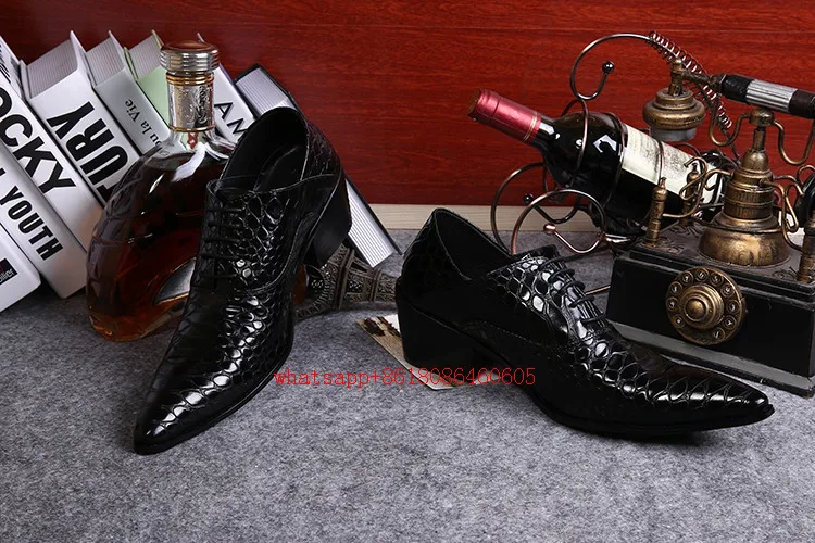 Choudory New arrival crocodile skin shoes mens patent leather black shoes high heels lace up oxfords formal shoes men plus size