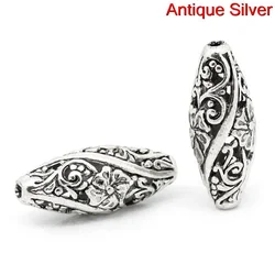 Doreen Box hot- Spacer Beads Oval Silver Color Flower Pattern Carved Hollow 26mm x 11mm,Hole:Approx 1.9mm,10PCs (B31020)