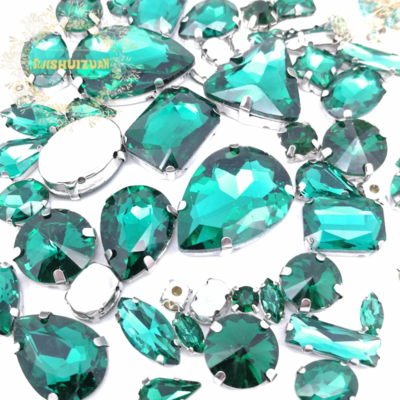 Hugely Popular MIX Malachite green Crystal Glass Sewing Rhinestones Bottom DIY Women's Dresses and Shoes 52pcs 23sizes 10shapes