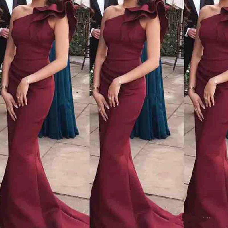 2021 Elegant One-Shoulder Mermaid Burgundy ชุดราตรียาวพิเศษพรรคอย่างเป็นทางการชุดซิปด้านหลังชุดราตรี