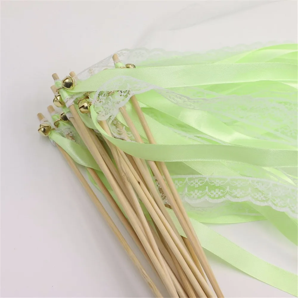 

Bride and Groom Sticks Wands with Bells Wedding Party White LACE Ribbon Wands Confetti Twiring Stream Neon Green Ribbon 50pcs