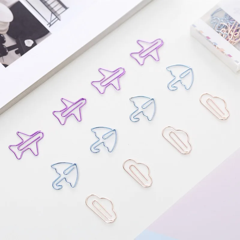 12pcs/box Electroplated Paper Clip Airplane Umbrella Cloud Shape Note Clips Kawaii Bookmark Office Shool Stationery Marking Clip