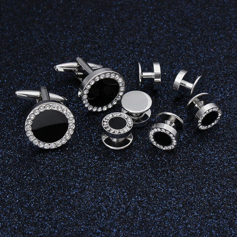 HAWSON High Quality Black Enamel Crystal Cufflinks and 6 Studs Set for Gentlemen Dress Tuxedo Accessories for Party and Wedding