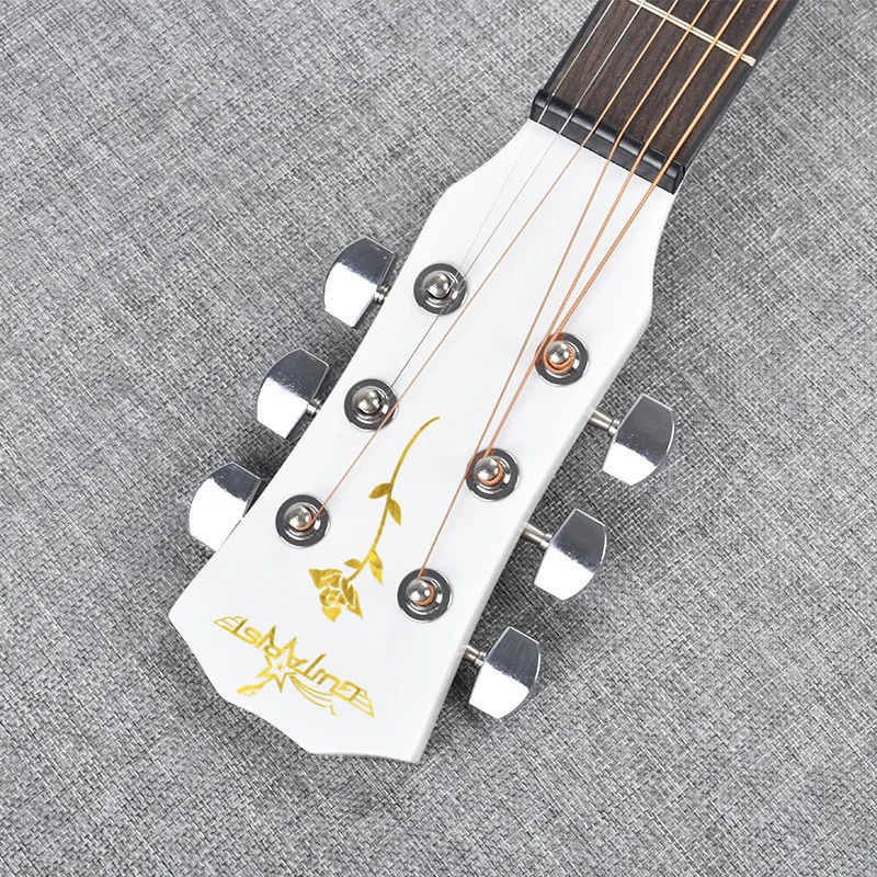 40 Zoll Weiß-Schwarze Akustikgitarre mit Holzkorpus aus Lindenholz, Griffbrett aus Palisander, inklusive Stimmgerät und Saiten – Detail 7