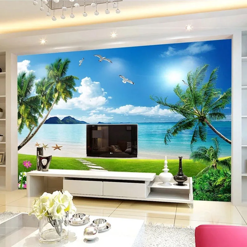 

3D Wallpaper Mural Decor Photo Backdrop Green Grass, The Sea Living Room Wallpaper 3D Painting 3D Wallpaper
