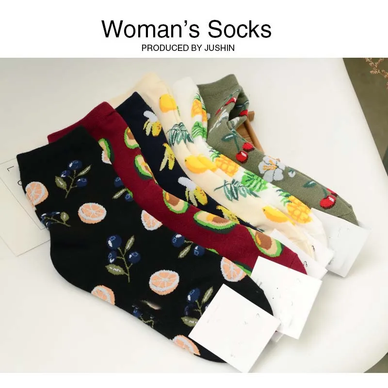 [COSPLACOOL]Korean Fresh Fruits Socks Lemon Avocado Pineapple Cherry Blueberry Orange Gardenias Flamingos Plumerias Women Socks