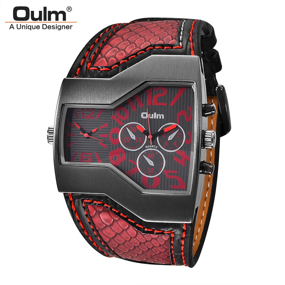 Oulm Watches Top Brand Luxury Military Quartz Watch Unique Multiple Time Zone Leather Strap Male Wristwatch Relogio Masculino