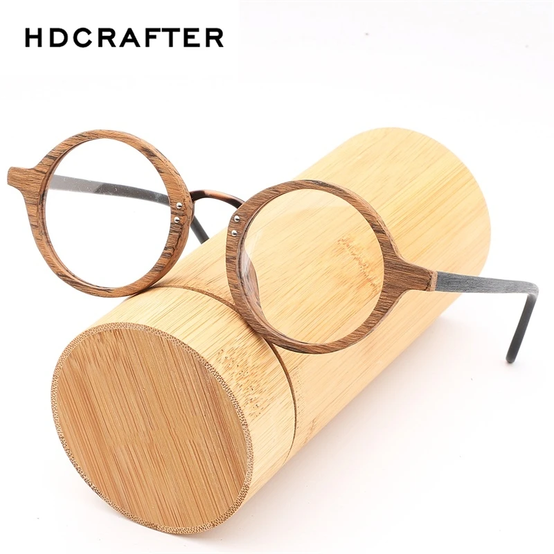 HDCRAFTER Vintage Retro Round Glasses Frames Wood Prescription Myopia Eyeglasses With Clear Lens Wooden Reading Glasses Frame