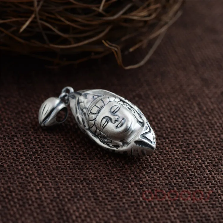 Vintage 990 Sterling Silver Buddha Amulet Pendant with Lotus Leaf for Men Women,Free Shipping