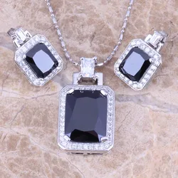 Jolly Black Cubic Zirconia White CZ Silver Plated Earrings Pendant Necklace Jewelry Sets S0759