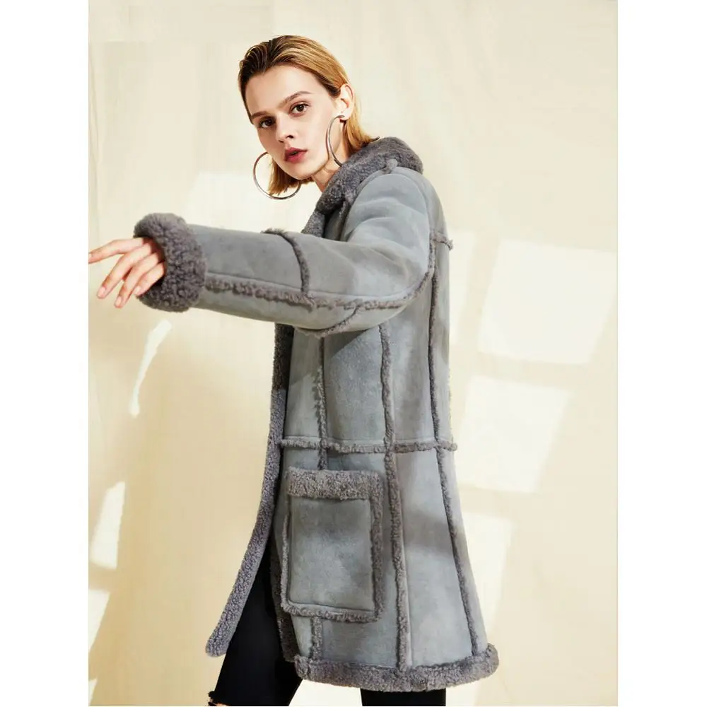 Denny&Dora Winter-Bomberjacke für Damen, lang, warm, Schaffell, Lammfell