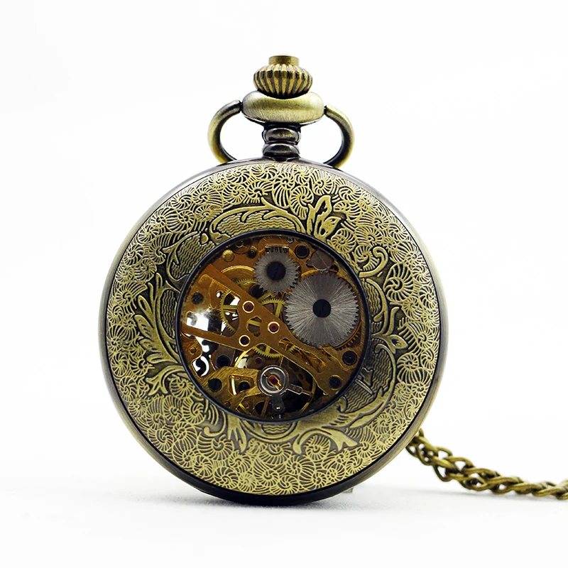 10pcs/lot  Bronze Hollow Out Flower Type Analog Skeleton Mens Hand Winding Mechanical Pocket Watch