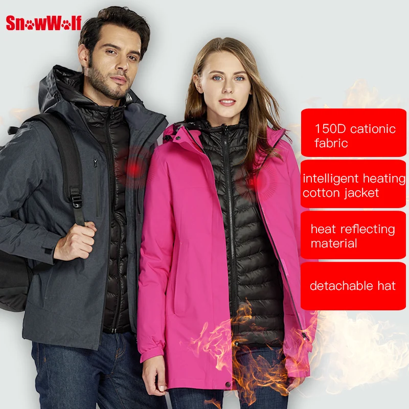 Snowwolf  Women Winter Outdoor Ski Suit USB Infrared Heating Hooded Ski Jacket Electric Thermal Snowboard Clothing Coat