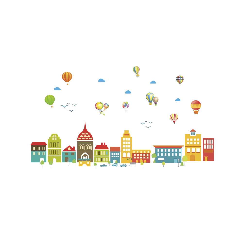 Balloons White clouds city building wall stickers For kids rooms decals children bedroom kindergarten Decoration art wall Decals