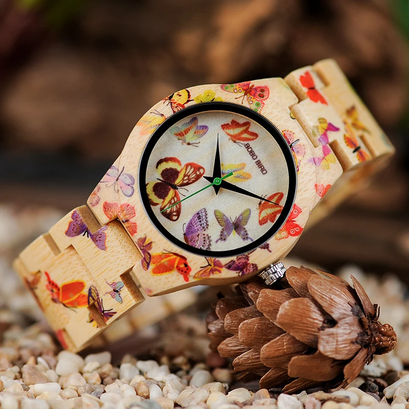 BOBO BIRD Ladies Wood Watch Women montre femme Bamboo Band Painting Butterfly Quartz Watches Custom Gift in Wood Box OEM W-O20